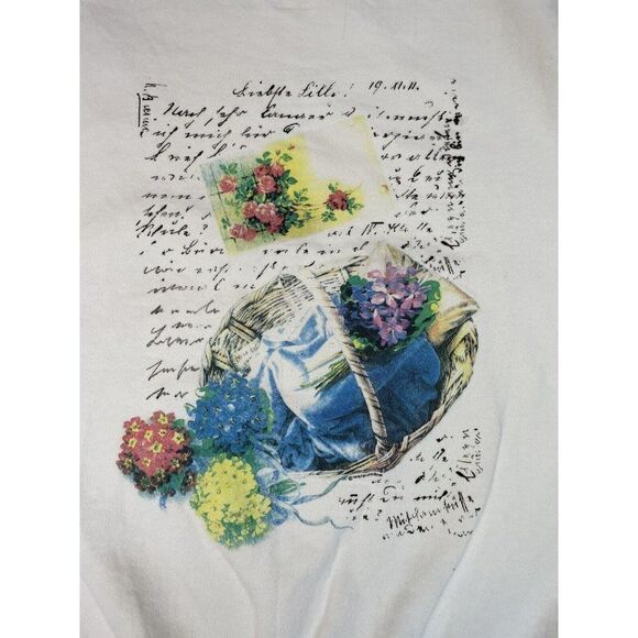 VINTAGE Floral Flower Graphic Crewneck Sweatshirt Women Large White USA 90s - Picture 2 of 5